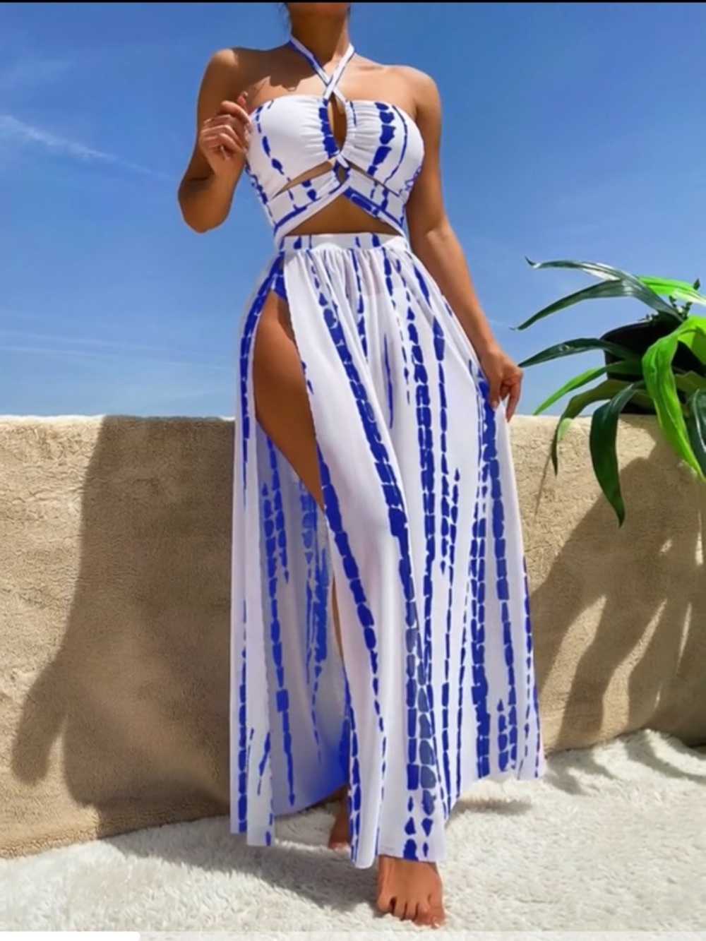 3-Piece White & Blue Tie-Dye Halter Bikini and Long Mesh Skirt Set - Women Swim